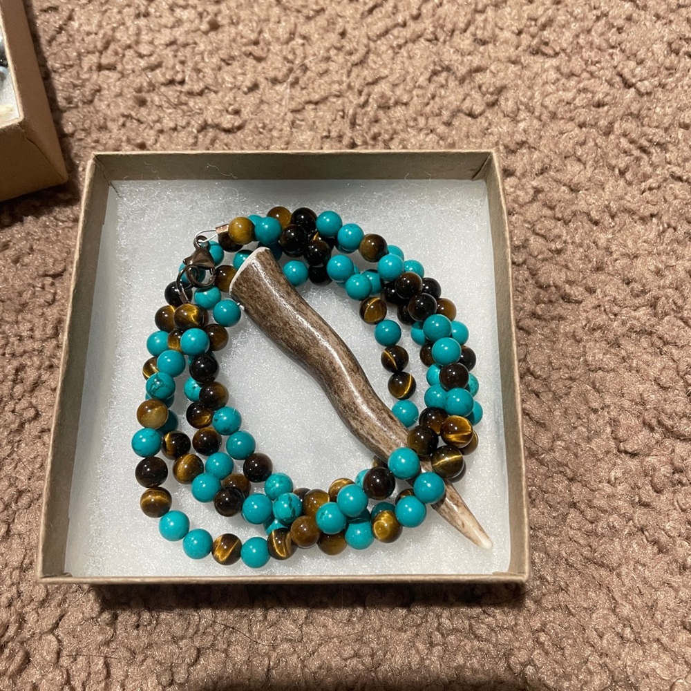 Turquoise and Brown Beaded Necklace with Horn Pendant